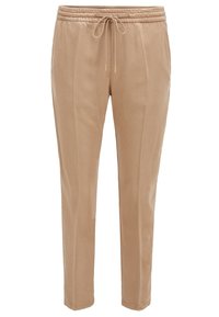 Beige jogger pants with an elastic waistband and drawstring. Lightweight fabric, tapered legs, and subtle front creases.