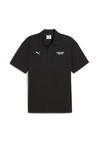 Sort polo shirt med krave, der har hvid tekst "Porsche League Turbo Club" og et lille Puma-logo på venstre bryst.