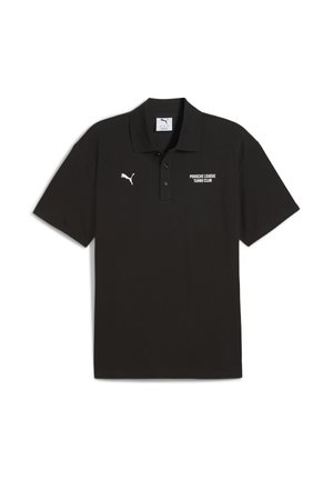 Camiseta polo negra con cuello que presenta el texto blanco "Porsche League Turbo Club" y un pequeño logo de Puma en el lado izquierdo del pecho.