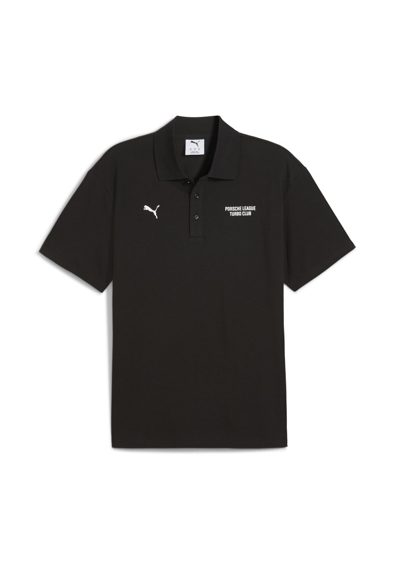 Sort polo shirt med krave, der har hvid tekst "Porsche League Turbo Club" og et lille Puma-logo på venstre bryst.