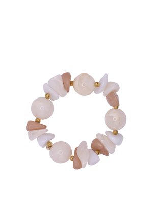 Stretch bracelet with alternating smooth round and irregular shaped beads in beige, white, and pale pink tones separated by small gold beads.
