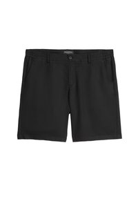 Zwarte shorts van lichtgewicht stof, met een gladde textuur, elastische tailleband, zijzakken en een enkele knoopsluiting.