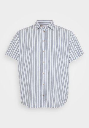 Short-sleeve button-up shirt in white with blue vertical stripes. Features a classic collar and wooden buttons down the front.