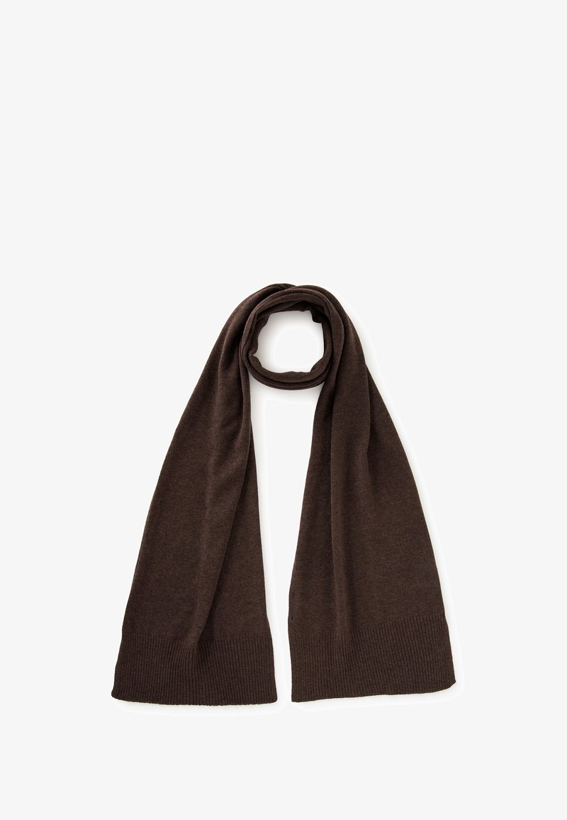 Tmavě hnědá šála vyrobená z měkké tkaniny, s vroubkovanými konci. Design je dlouhý a obdélníkový, s hladkým povrchem.