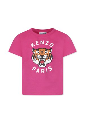 Pink cotton t-shirt featuring a bold tiger graphic and "KENZO PARIS" text in white. Short sleeves, crew neck, smooth texture.