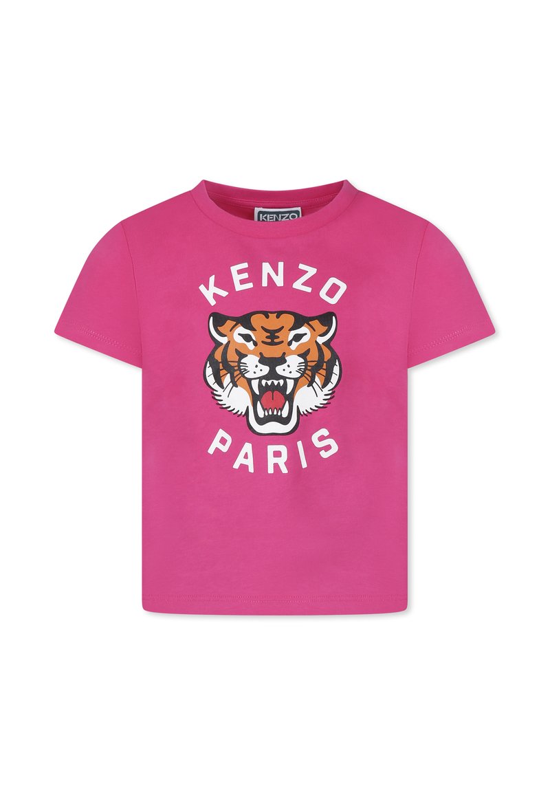 T-shirt en coton rose avec un graphique de tigre audacieux et le texte "KENZO PARIS" en blanc. Manches courtes, col rond, texture lisse.
