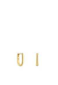 Orecchini a cerchio in oro con un design arrotondato e una finitura liscia e lucida. Un orecchino è più grande e di forma ovale, l'altro è più piccolo e rettangolare.