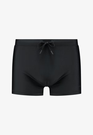 Mustat miesten uimaportsarit suoralla leikkauksella ja edessä säädettävällä kiristysnauhallisella vyötäröllä.