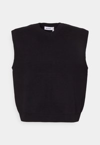 Schwarzes gestricktes ärmelloses Sweatshirt mit V-Ausschnitt, das eine lockere Passform und einen gerippten Saum aufweist. Glatte Textur ohne sichtbare Muster oder Beschläge.