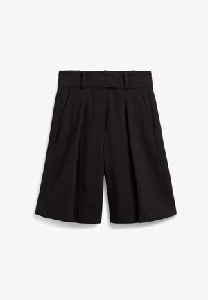 Black tailored shorts featuring a wide leg, pleats at the front, and a flat waistband with belt loops. Smooth fabric texture.
