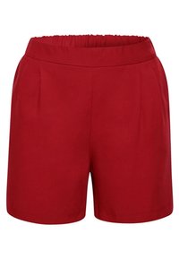 Shorts rouges taille haute avec une ceinture élastique et des plis à l'avant, conçus pour un ajustement confortable et décontracté.