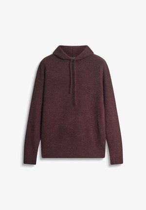 Burgunderfarbener Kapuzenpullover mit strukturiertem Strickdesign. Mit einer verstellbaren Kapuze und langen Ärmeln, im entspannten Schnitt und aus weichem Material.