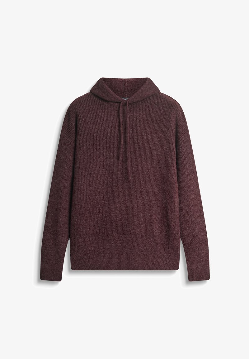 Felpa con cappuccio color bordeaux, caratterizzata da un design a maglia testurizzata. Presenta un cappuccio con coulisse e maniche lunghe, con una vestibilità comoda e un tessuto morbido.