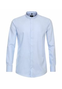 Lichtblauw langslouchshirt met een bandkraag, knoopsluiting aan de voorkant en een gladde katoenen structuur. Heeft een gebogen zoom en een aangesloten ontwerp.