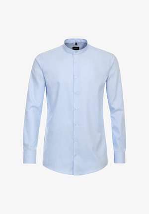 Himmelblaues Langarmhemd mit Stehkragen, Knopfleiste vorne und glattem Baumwollmaterial. Verfügt über einen abgerundeten Saum und eine taillierte Passform.