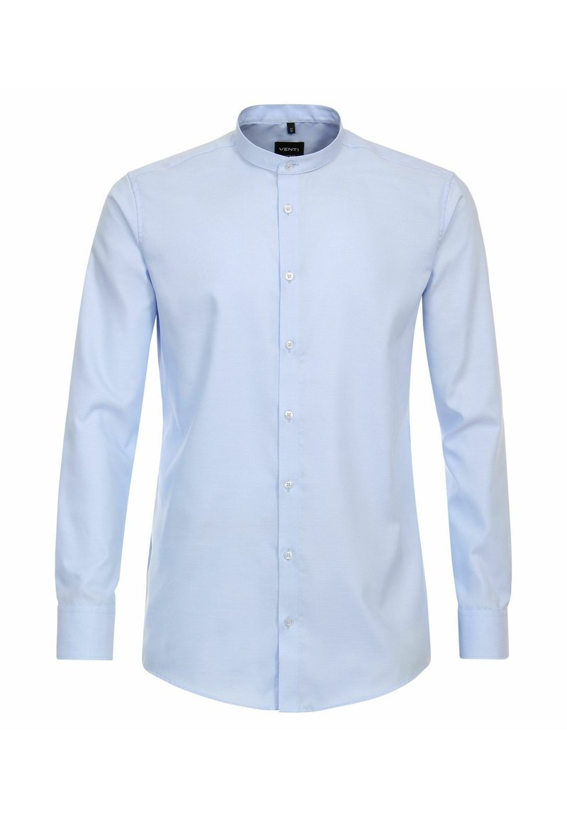 Lichtblauw langslouchshirt met een bandkraag, knoopsluiting aan de voorkant en een gladde katoenen structuur. Heeft een gebogen zoom en een aangesloten ontwerp.