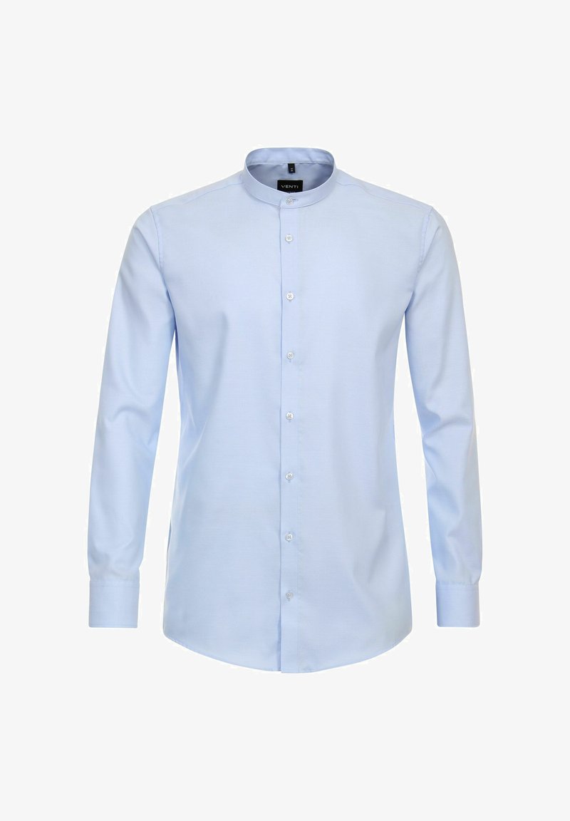 Lichtblauw langslouchshirt met een bandkraag, knoopsluiting aan de voorkant en een gladde katoenen structuur. Heeft een gebogen zoom en een aangesloten ontwerp.