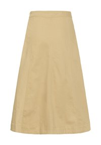 Jupe beige jusqu'aux genoux en coton. Elle présente une silhouette évasée avec des détails de couture et une taille droite. Design classique et minimaliste.