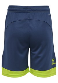 Pantaloni sportivi blu navy con dettagli verde acido, caratterizzati da una texture in rete, vita elastica e cuciture laterali per un miglior adattamento.