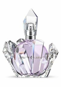 Lila glasparfymflaska omgiven av kristallaccent, med en mångfacetterad design och en spetsig kork samt en silverspraymunstycke.