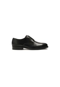 Pantofii negri din piele cu o textură netedă, vârful rotunjit și șase orificii pentru șireturi. Au un toc mic și detalii de cusătură minime.
