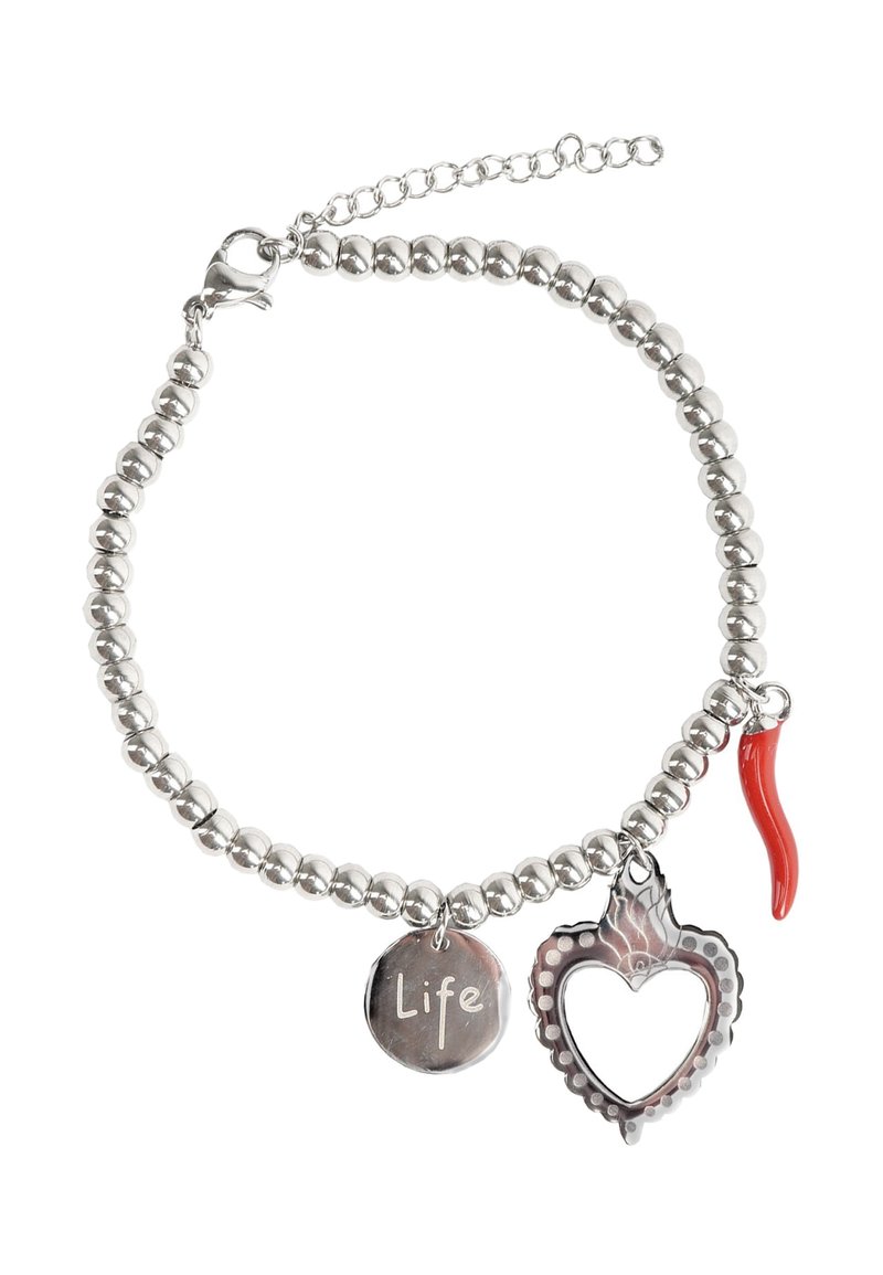 Bracciale in argento con perline, caratterizzato da un ciondolo circolare con la scritta "Vita", un ciondolo a forma di cuore con una fiamma e un ciondolo a forma di peperoncino rosso.