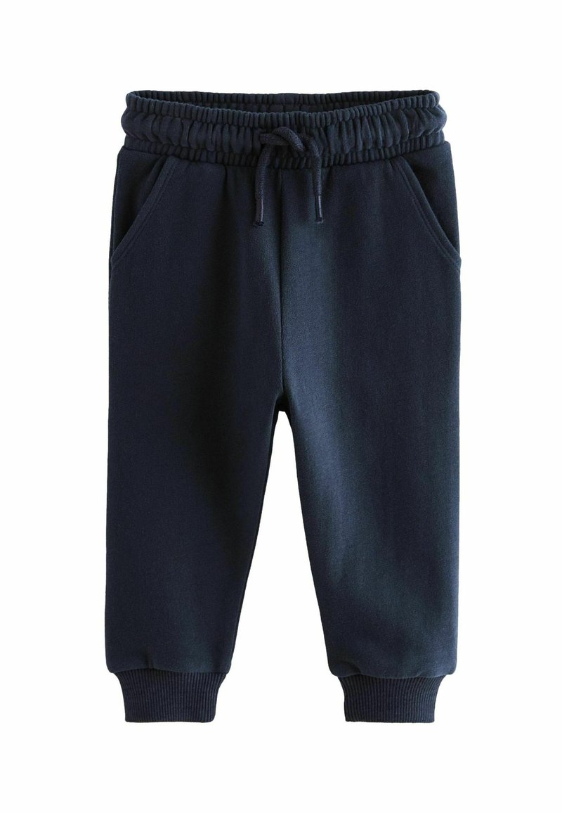 Marineblaue Jogginghosen aus weichem Stoff, mit einem elastischen Bund und Kordelzug, seitlichen Taschen und gerippten Bündchen.