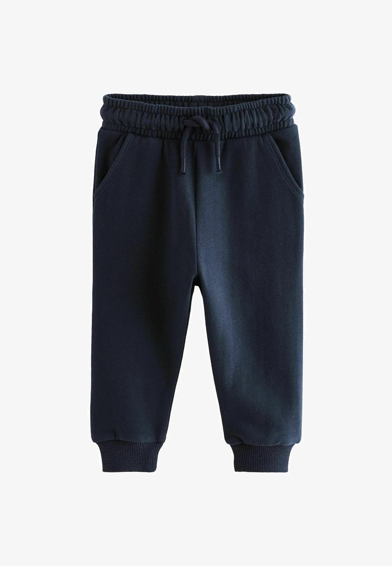 Marinblå sweatpants lavet af blød stof, med elastisk talje og snor, sidelommer og ribbede manchetter.