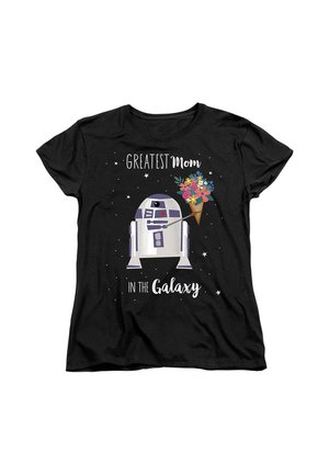 Black t-shirt featuring an illustration of a droid holding a bouquet. Text reads "Greatest Mom in the Galaxy." Short sleeves, casual fit.