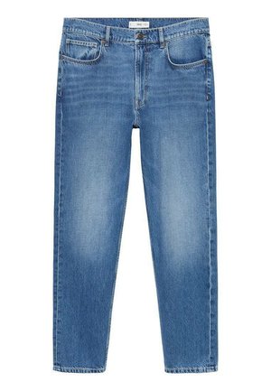 Light blue denim jeans with a straight leg design, featuring five pockets, subtle fading, and contrast stitching. Classic zip fly closure.