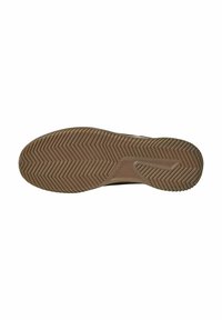 Shoe sole with a textured, rubber material featuring a herringbone pattern in tan. The underside has a slight curve and engraved brand details.