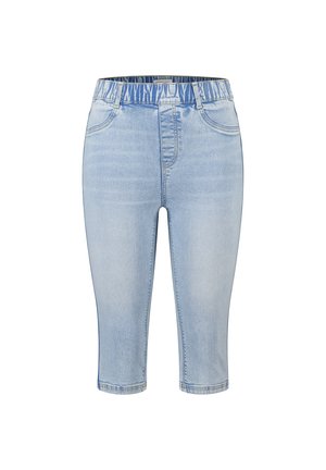 Shorts en jean bleu clair longueur genou avec taille élastique et poches avant, présentés sur fond blanc.