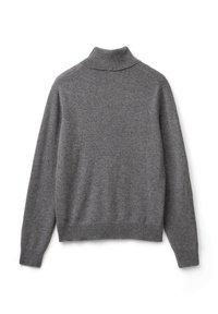 Šedý, žebrovaný pletený svetr s vysokým límcem. Má dlouhé rukávy a obtáhlý pas. Měkká textura, minimalistický design.