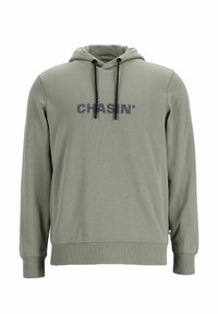 Hooded sweatshirt in olive green cotton with a kangaroo pocket. Features black drawstrings and dark gray "CHASIN'" logo on the chest.