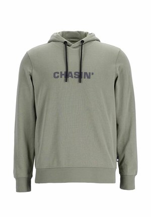 Felpa con cappuccio in cotone verde oliva con tasca a marsupio. Presenta coulisse nere e logo "CHASIN'" grigio scuro sul petto.