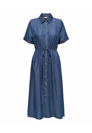 Robe midi en denim avec manches courtes, boutonnière sur le devant, col chemise et taille ajustable avec cordon de serrage.