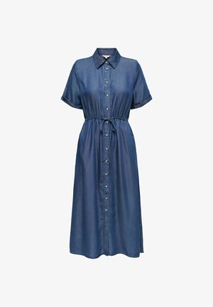Robe midi en denim avec manches courtes, boutonnière sur le devant, col chemise et taille ajustable avec cordon de serrage.
