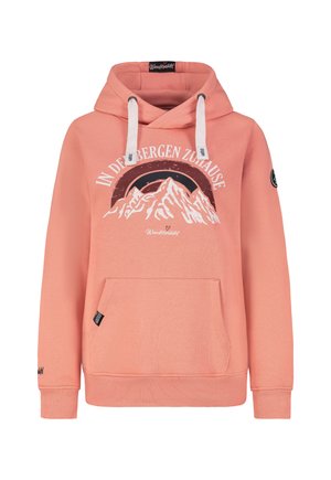 Korallenrotes Kapuzensweatshirt mit Fronttasche, weißen Kordeln und Berggrafik mit dem Text "IN DEN BERGEN ZUHAUSE" sowie dem Markennamen "Wandermädel."