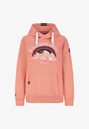 Coral pink hoodie with front pouch pocket, white drawstrings, and mountain graphic with the text "IN DEN BERGEN ZUHAUSE" and brand name "Wandermädel."