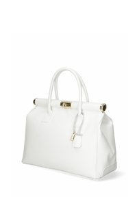 Biała skórzana torebka o strukturalnym designie, z dwiema krótkimi rączkami, złotą hardware i detalem w postaci zamka z przodu. Gładka tekstura.