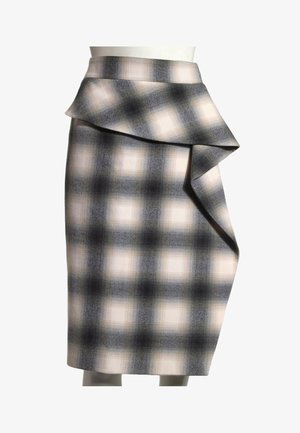 Jupe crayon taille haute avec motif à carreaux gris et blanc et détail volant asymétrique sur le côté droit.