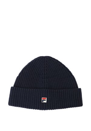 Navy blue knitted beanie with a ribbed texture. Features a fold-over cuff and a small logo patch in red, white, and blue.