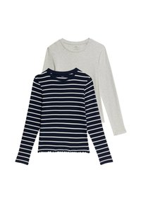 Twee lange mouwen shirts: de ene grijs met een ronde hals; de andere marineblauw met witte strepen, een gegolfde zoom, contrasterende stof en ontwerpdetails.