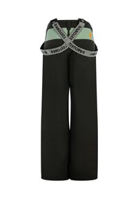 Pantaloni neri a gamba larga con cinturini regolabili verde e nero con logo. Tessuto liscio e silhouette rilassata.