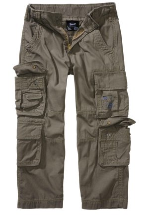 Pantaloni cargo verde oliva con molte tasche con bottoni e cerniere, chiusura con cerniera, e dettagli cuciti sulle gambe e sulla vita.
