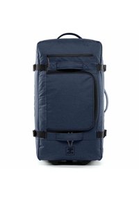 Marine-Dufflebag aus strukturiertem Stoff mit schwarzen Akzenten, einer Fronttasche und einem oberen Griff. Verfügt über rollende Räder und verstellbare Riemen.