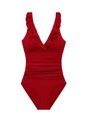 Rød badedrakt med volangdetaljert V-utringning og rynket detalj ved midjen.