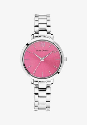 Srebrni metalni sat s okruglim ružičastim brojčanikom, srebrnim oznakama za sate i glatkim narukvicama od povezanih elemenata. Logotip branda smješten na vrhu.