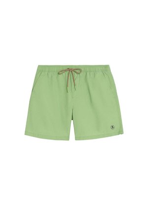 Bañador corto de hombre en verde claro con bolsillos laterales, cintura elástica y cordón marrón, con un pequeño logo en la pierna izquierda.