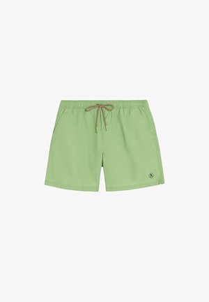 Bañador corto de hombre en verde claro con bolsillos laterales, cintura elástica y cordón marrón, con un pequeño logo en la pierna izquierda.